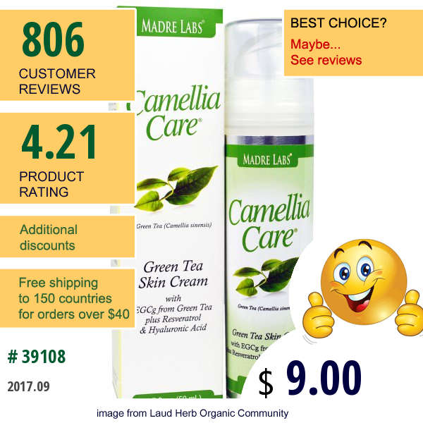 Madre Labs, Camellia Care, Egcg Green Tea Skin Cream, Anti-Aging, Moisturizing And Hydrating, 1.7 Fl Oz (50 Ml)