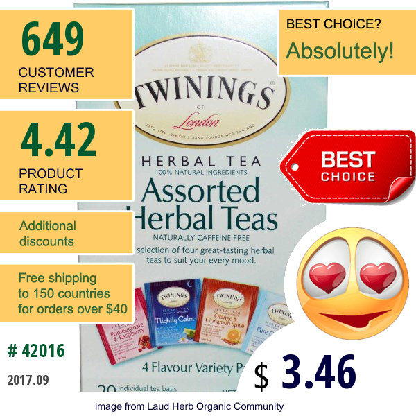 Twinings, Assorted Herbal Teas, Variety Pack, Caffeine Free, 20 Tea Bags, 1.23 Oz (34 G)
