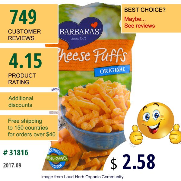 Barbaras Bakery, Cheese Puffs, Original, 7 Oz (198 G)