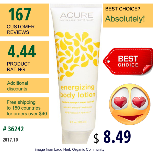 Acure Organics, Energizing Body Lotion, Mandarin Orange + Argan Stem Cell, 8 Fl Oz (235 Ml)