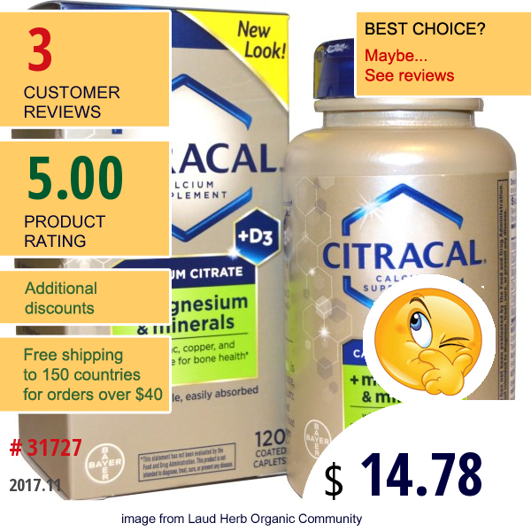 Citracal, Calcium Citrate, + Magnesium & Minerals, +D3, 120 Coated Caplets