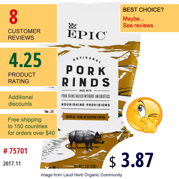 Epic Bar, Artisanal Pork Rinds, Bbq Seasoning, 2.5 Oz (70 G)