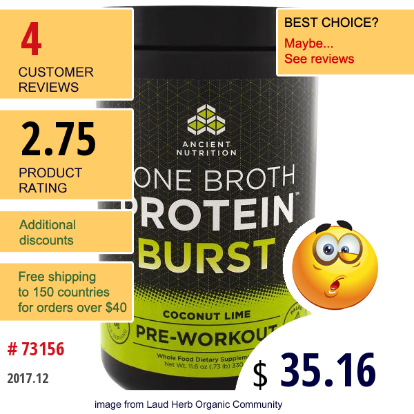 Ancient Nutrition, Bone Broth Protein Burst, Pre-Workout, Coconut Lime, 11.6 Oz (330 G)