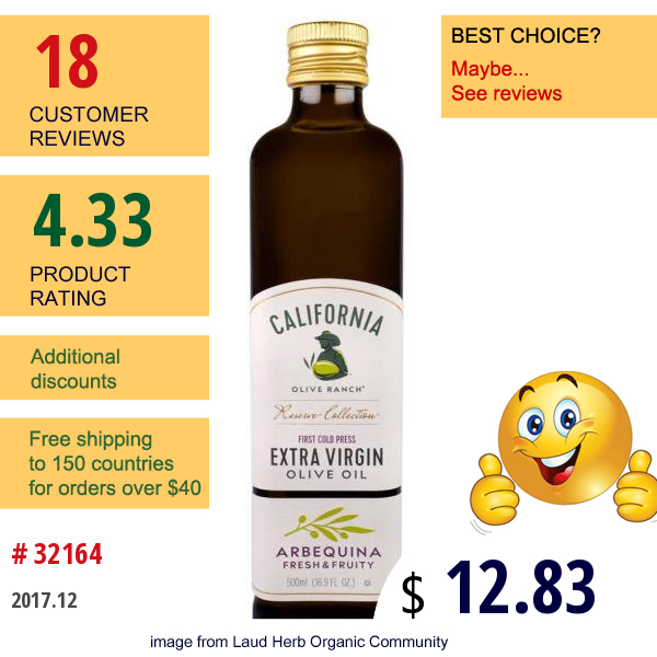 California Olive Ranch, Extra Virgin Olive Oil, Arbequina, 16.9 Fl Oz (500 Ml)