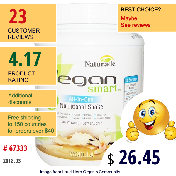 Vegan Smart, Vegansmart, All-In-One Nutritional Shake, Vanilla, 22.8 Oz (645 G)