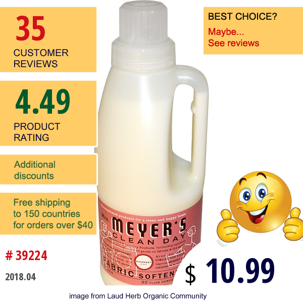 Mrs. Meyers Clean Day, Fabric Softener, Rosemary Scent, 32 Loads, 32 Fl Oz (946 Ml)