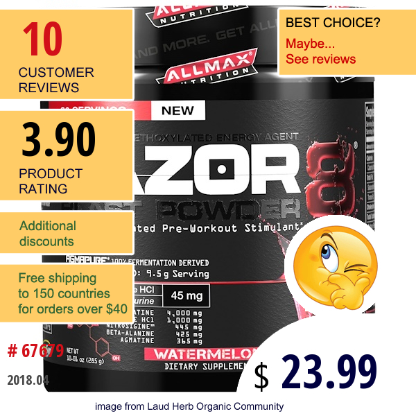 Allmax Nutrition, Razor 8, Pre-Workout Energy Drink With Yohimbine, Watermelon, 10.01 Oz (285 G)  