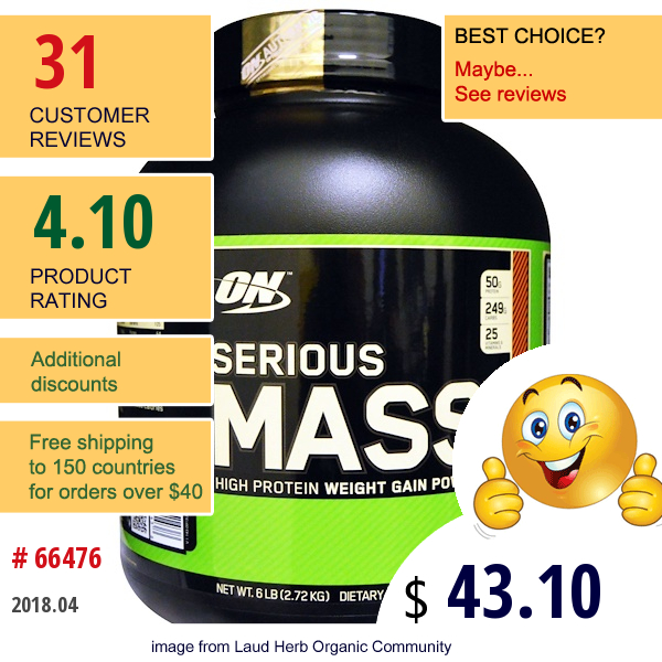 Optimum Nutrition, Serious Mass, Chocolate Peanut Butter, 6 Lbs (2.72 Kg)