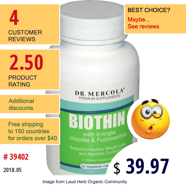 Dr. Mercola, Premium Supplements, Biothin With Irvingia, Hoodia & Fucoxanthin, 60 Veggie Caps  