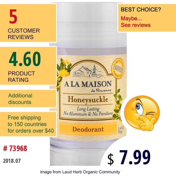 A La Maison De Provence, Deodorant, Honeysuckle, 2.4 Oz (70 G)
