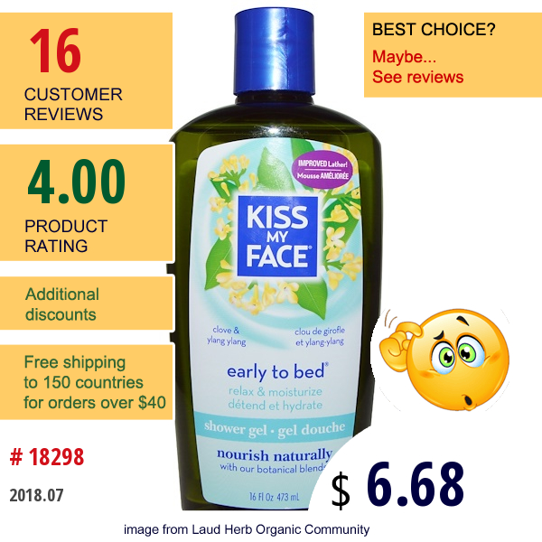 Kiss My Face, Early To Bed, Shower Gel, Clove & Ylang Ylang, 16 Fl Oz (473 Ml)  