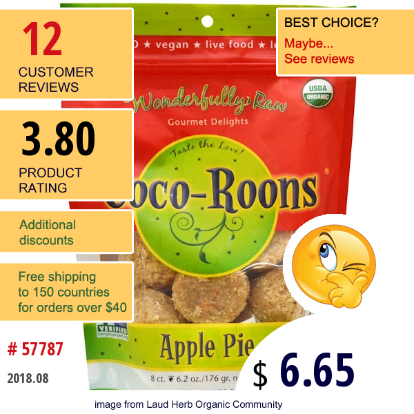 Sejoyia Foods, Organic, Coco-Roons, Apple Pie, 8 Count, 6.2 Oz (176 G)  