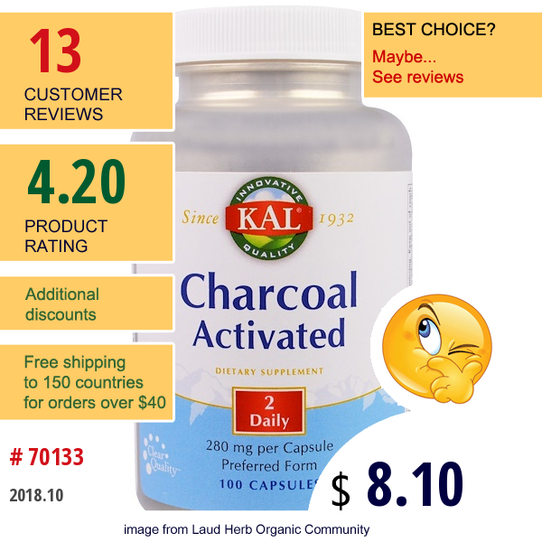 Kal, Charcoal Activated, 280 Mg, 100 Capsules
