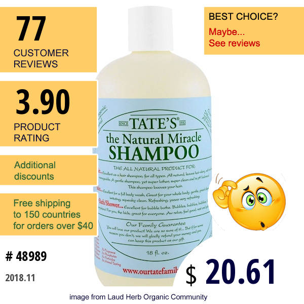 Tates, The Natural Miracle Shampoo, 18 Fl Oz