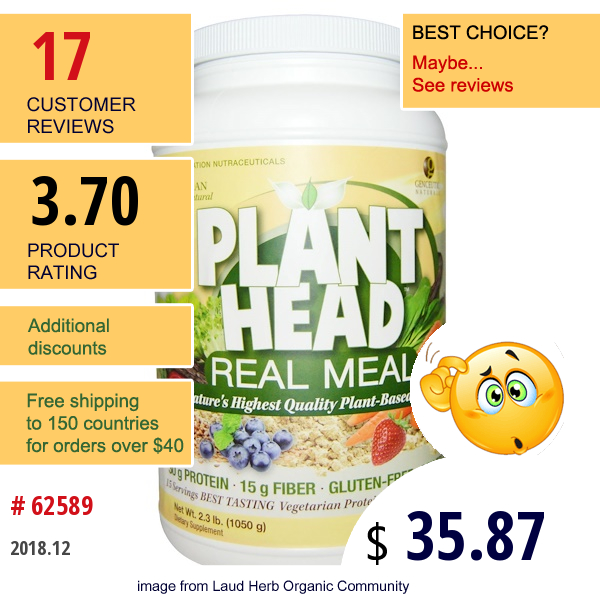 Genceutic Naturals, Plant Head, Real Meal, Vanilla, 2.3 Lb (1050 G)