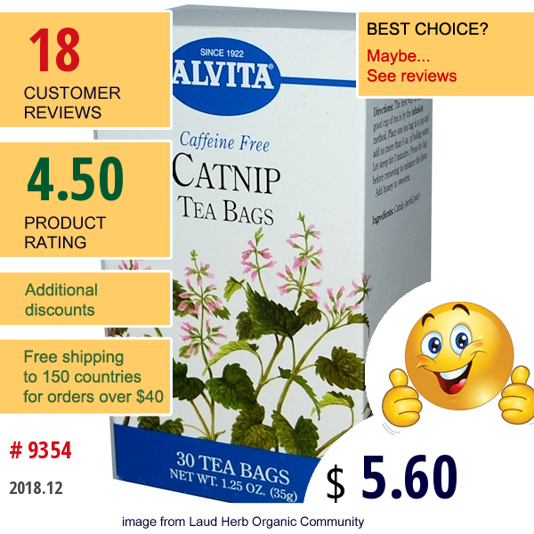 Alvita Teas, Catnip, Caffeine Free, 30 Tea Bags, 1.25 Oz (35 G)  
