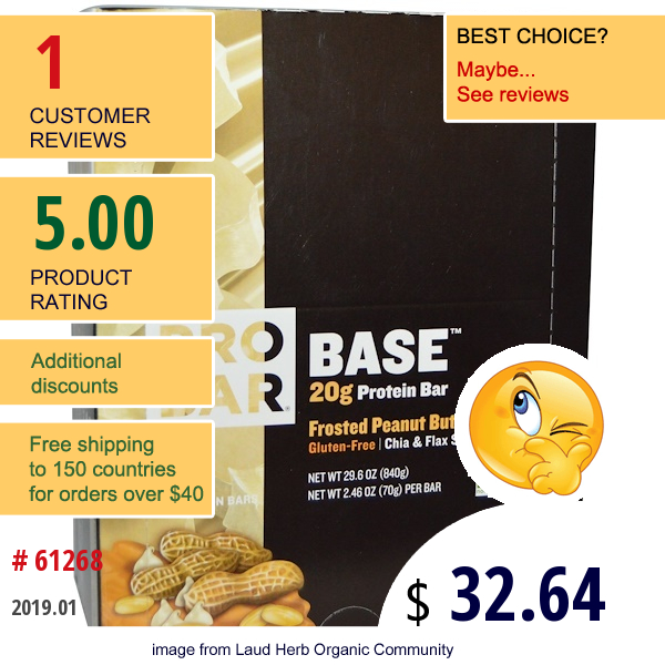 Probar, Base, 20 G Protein Bar, Frosted Peanut Butter, 12 Bars, 2.46 Oz (70 G) Each Probar, Base, 20 G Protein Bar, Frosted Peanut Butter, 12 Bars, 2.46 Oz (70 G) Each
