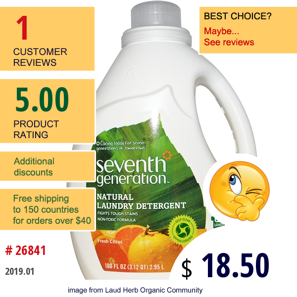 Seventh Generation, Natural Laundry Detergent, Fresh Citrus, 100 Fl Oz (2.95 L)  