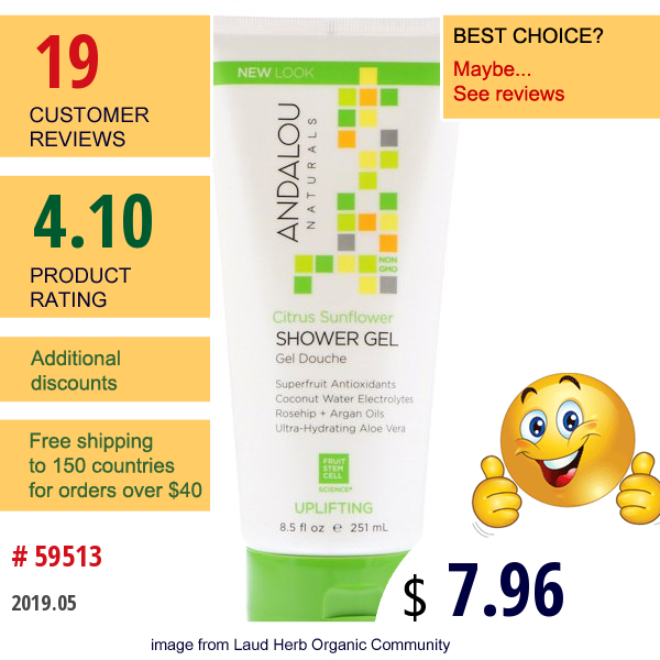 Andalou Naturals, Shower Gel, Citrus Sunflower, Uplifting, 8.5 Fl Oz (251 Ml)