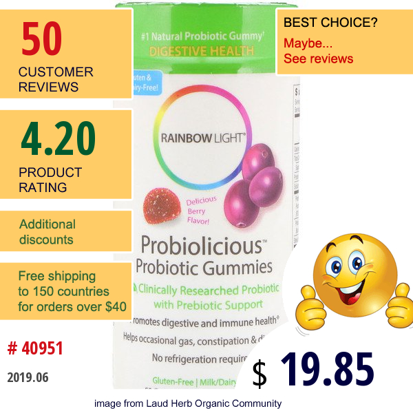 Rainbow Light, Probiolicious Probiotic Gummies, Delicious Berry Flavor, 50 Gummies