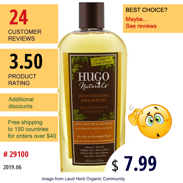 Hugo Naturals, Moisturizing Shampoo, Shea Butter & Oatmeal, 12 Fl Oz (355 Ml)  