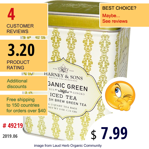 Harney & Sons, Iced Tea, Organic Green Iced Tea, 6 - 2 Quart Tea Bags, 3 Oz (.11 G)  