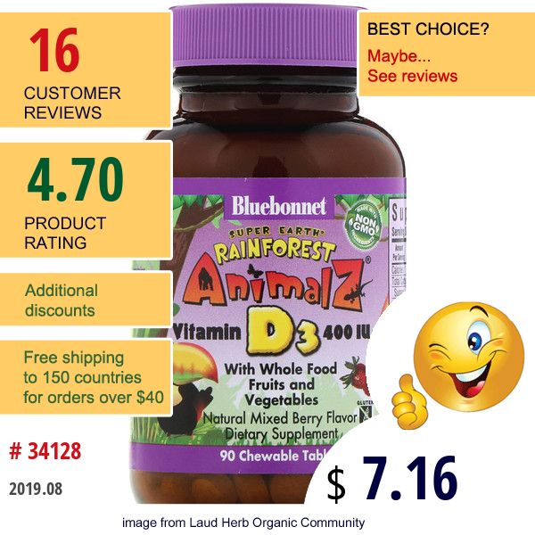 Bluebonnet Nutrition, Super Earth, Rainforest Animalz, Vitamin D3, Natural Mixed Berry, 400 Iu, 90 Chewable Tablets