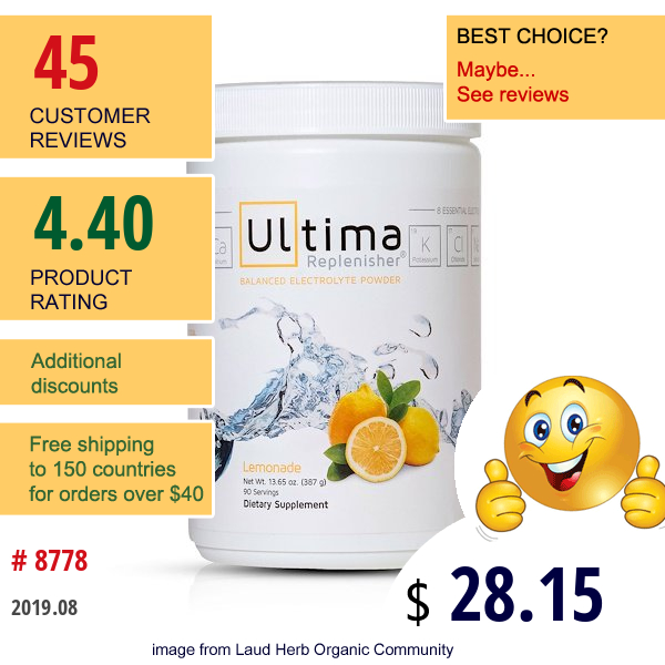 Ultima Replenisher, Ultima Replenisher, Balanced Electolyte Powder, Lemonade, 13.65 Oz (387 G)  