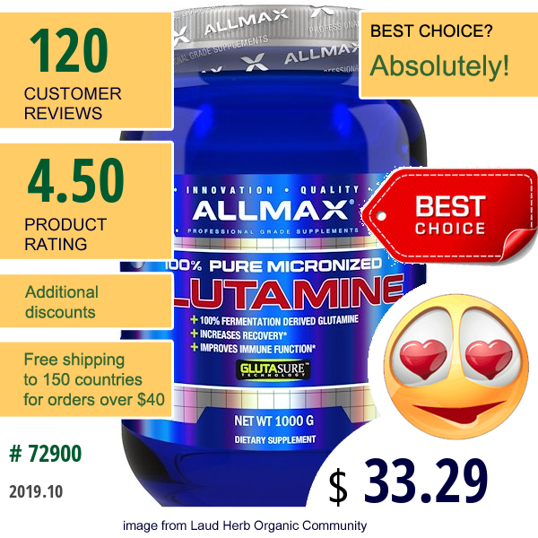 Allmax Nutrition, 100% Pure Micronized Glutamine, Gluten-Free + Vegan + Kosher Certified, 2.20 Lbs (1000 G)