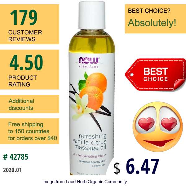 Now Foods, Solutions, Refreshing Vanilla Citrus Massage Oil, 8 Fl Oz (237 Ml)