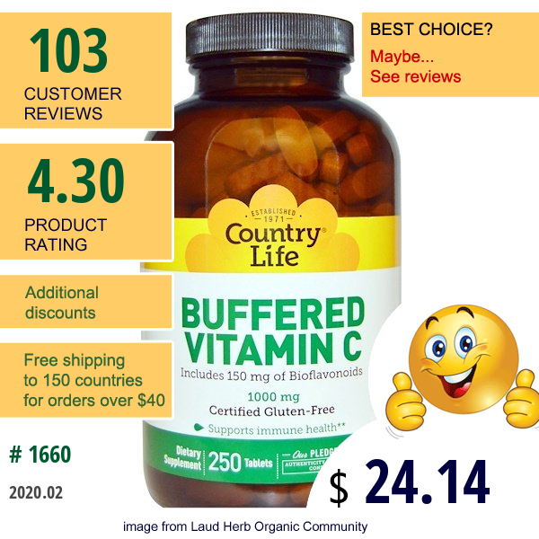 Country Life, Buffered Vitamin C, 1000 Mg, 250 Tablets
