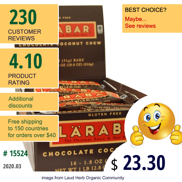 Larabar, Chocolate Coconut Chew, 16 Bars, 1.8 Oz (51 G) Per Bar  