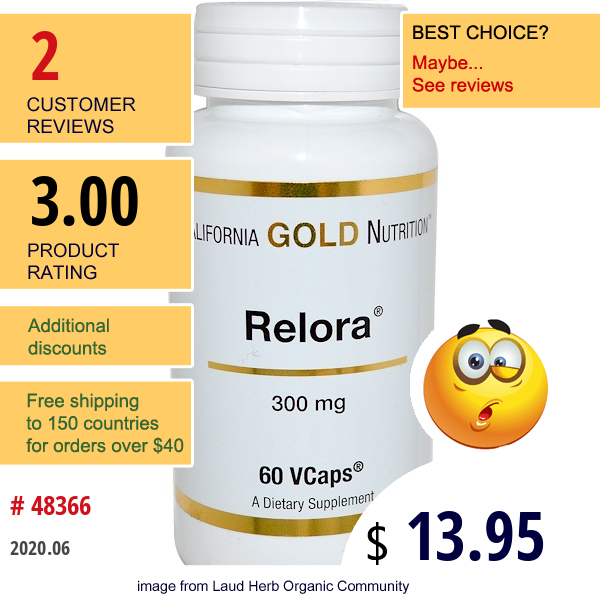 California Gold Nutrition, Relora, 300 Mg, 60 Vcaps  