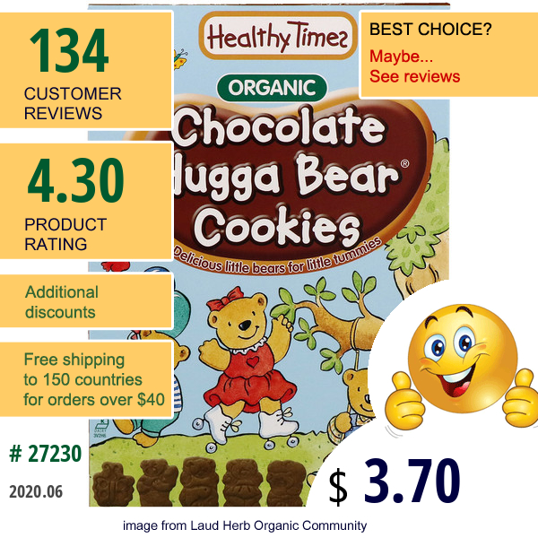 Healthy Times, Organic, Hugga Bear Cookies, Chocolate, 6.5 Oz (182 G)  