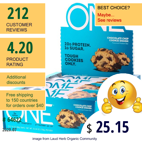 One Brands, One Bar, Chocolate Chip Cookie Dough, 12 Bars, 2.12 Oz (60 G) Each