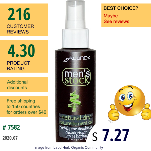 Aubrey Organics, Men'S Stock, Natural Dry, Herbal Pine Deodorant, 4 Fl Oz (118 Ml)  