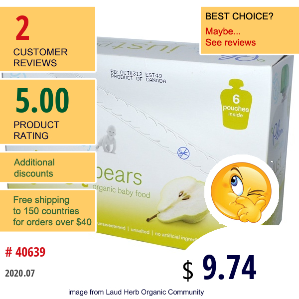 Plum Organics, Baby Food, Just Pears, 6 Pouches, 3.17 Oz (90 G) Each  