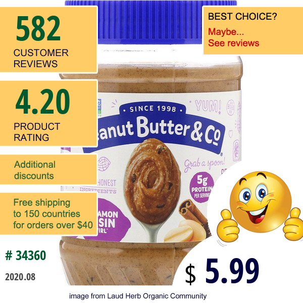Peanut Butter & Co., Peanut Butter Blended, Cinnamon Raisin Swirl, 16 Oz (454 G)