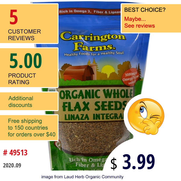 Carrington Farms, Organic Whole Flax Seeds, 15 Oz (424.5 G)  