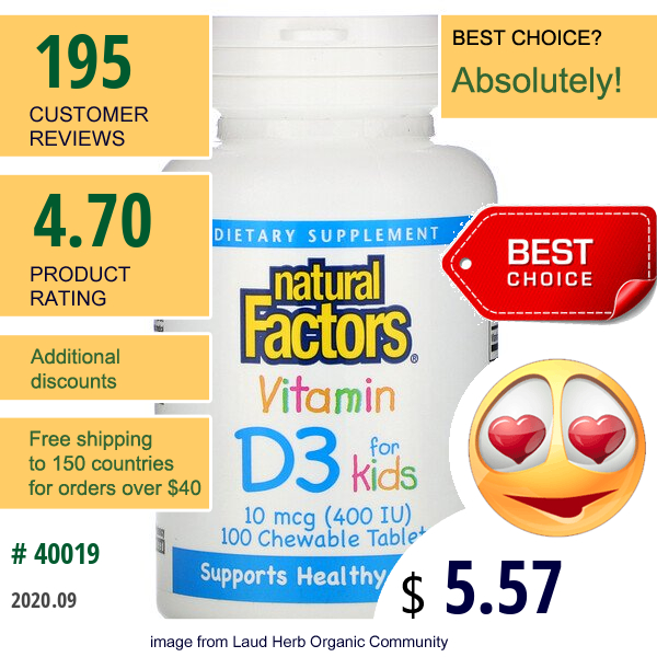 Natural Factors, Vitamin D3, Strawberry Flavor, 400 Iu, 100 Chewable Tablets