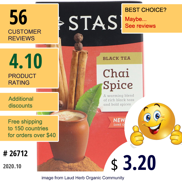 Stash Tea, Black Tea, Chai Spice, 20 Tea Bags, 1.3 Oz (38 G)  