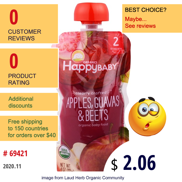 Happy Family Organics, Organic Baby Food, Stage 2, Clearly Crafted, Apples, Guavas, & Beets, , 6+ Months, 4.0 Oz (113 G)  