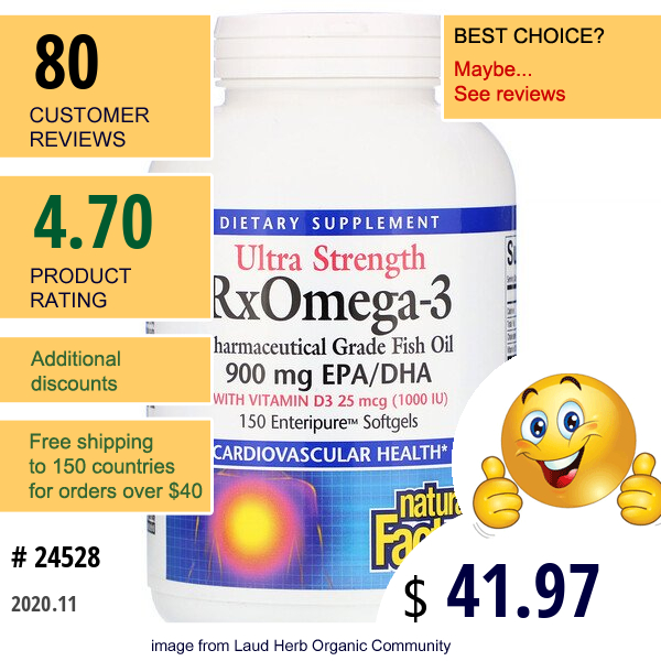 Natural Factors, Ultra Strength Rxomega-3 With Vitamin D3, 900 Mg Epa/Dha, 150 Enteripure Softgels