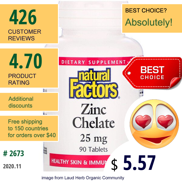 Natural Factors, Zinc Chelate, 25 Mg, 90 Tablets