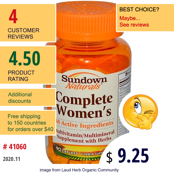 Sundown Naturals, Complete Women'S, Multivitamin/Multimineral Supplement With Herbs, 90 Caplets  