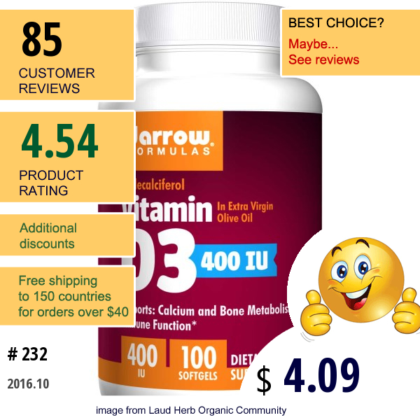 Jarrow Formulas, Vitamin D3, Cholecalciferol, 400 Iu, 100 Softgels