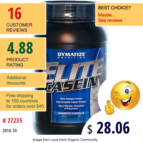 Dymatize Nutrition, Elite Casein, Smooth Vanilla, 2.12 Lbs (960 G)  