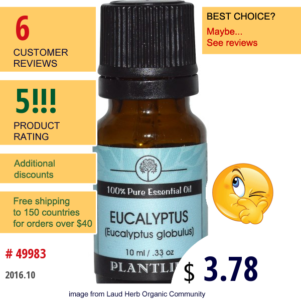 Plantlife, 100% Pure Essential Oil, Eucalyptus (Eucalyptus Globulus), .33 Oz (10 Ml)  