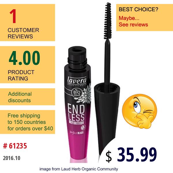 Lavera Naturkosmetic, End Less Definition, Mascara, Perfect Black, 0.43 Fl Oz (13 Ml)  