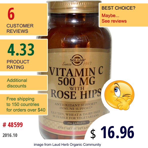 Solgar, Vitamin C With Rose Hips, 500 Mg, 250 Tablets Solgar, Vitamin C With Rose Hips, 500 Mg, 250 Tablets